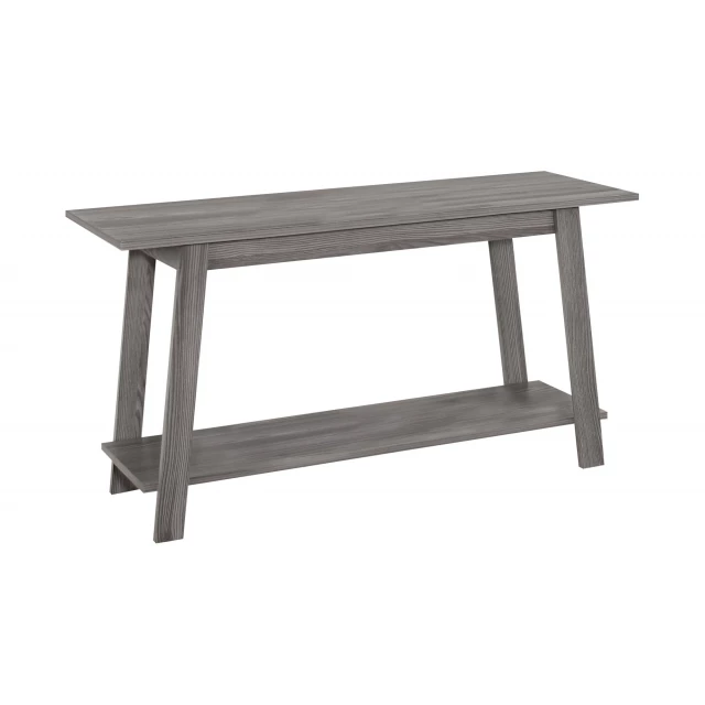 Grey particle board laminate TV stand with wood plank design and rectangular pedestal base