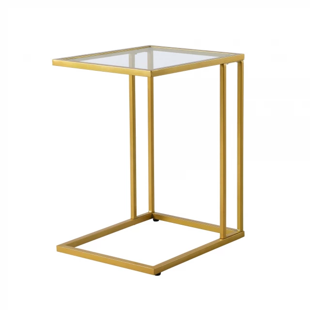 Gold clear glass square end table with wood pedestal base