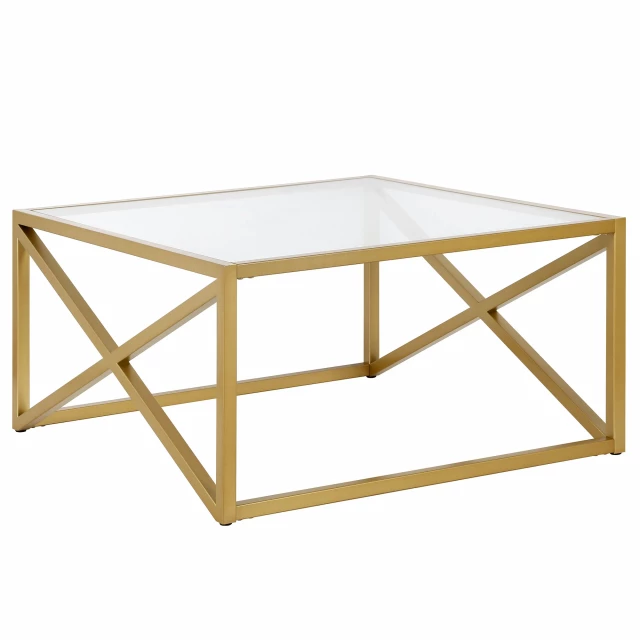 Gold glass steel square coffee table with wood stain finish
