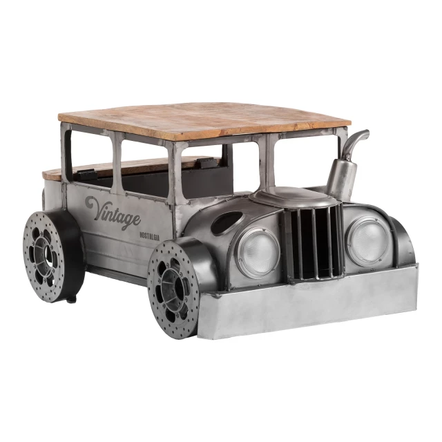 Solid wood and metal coffee table with truck wheel design