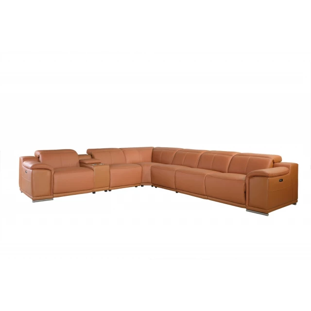 U-shaped seven corner sectional console in brown with comfortable studio couch design and wooden accents