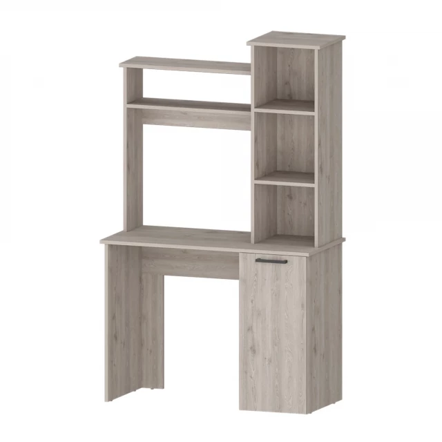gray computer desk with shelves and wood finish