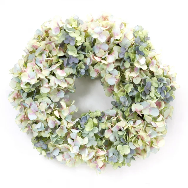 Green and white artificial hydrangea wreath for home decoration