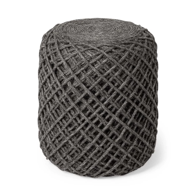 Gray wool cylindrical pouf with diamond pattern for home decor