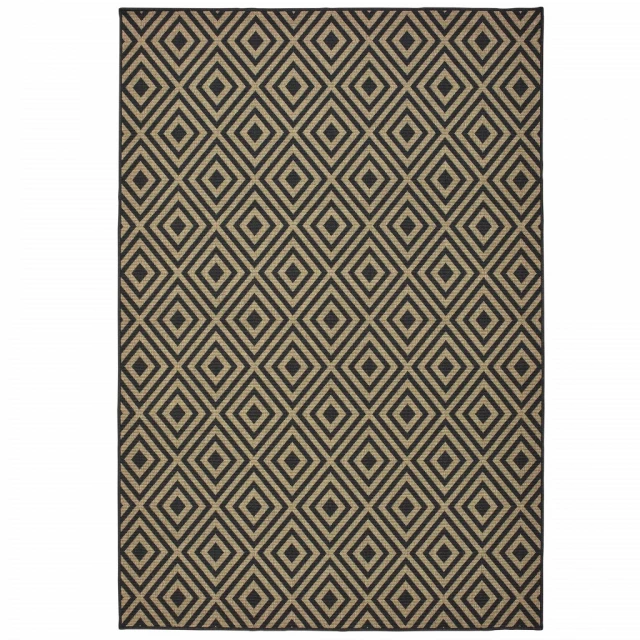 stain resistant indoor outdoor area rug with rectangle pattern in beige and electric blue