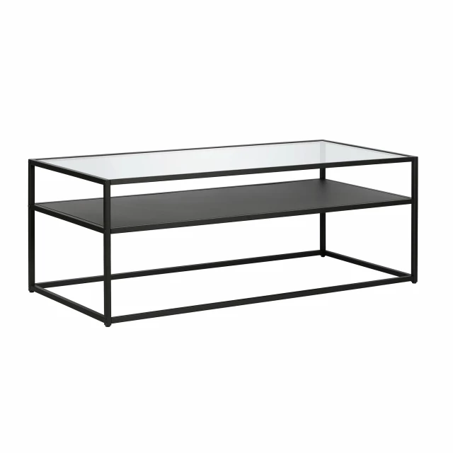 Black glass steel coffee table with shelf and hardwood art design