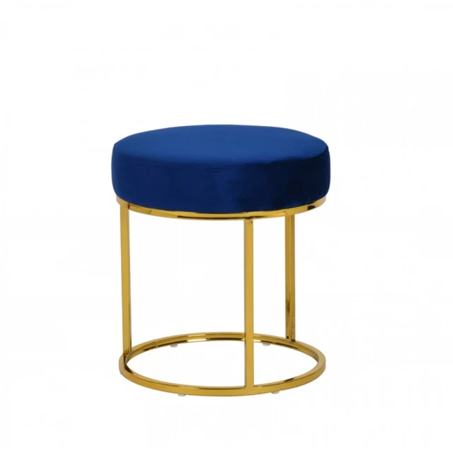 Blue velvet gold round footstool ottoman with wooden legs and plush top