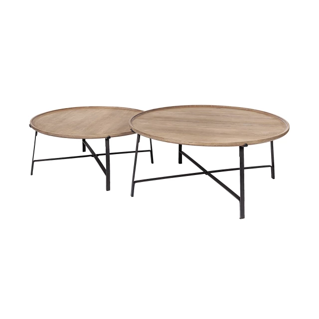 Wood iron round nested coffee tables with chairs and outdoor furniture setting