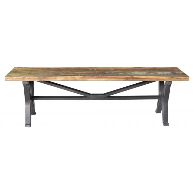 Black distressed solid wood dining bench with symmetrical plank design