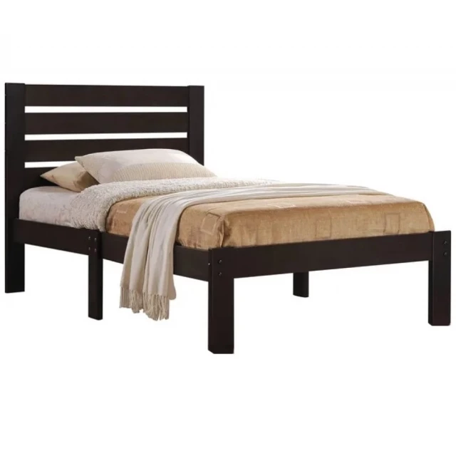 Espresso solid wood full tufted bed in a well-lit room setting