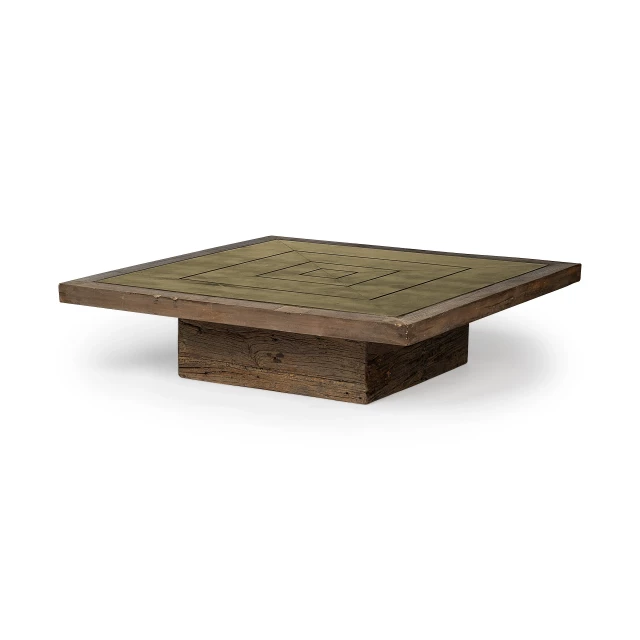 Solid wood square distressed coffee table with wood stain finish and hardwood flooring texture