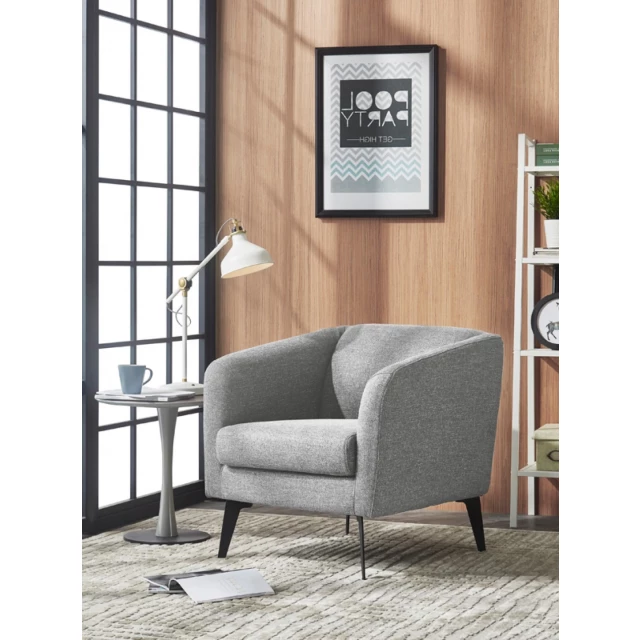 Grey fabric curved arm accent chair with comfortable wood frame and modern design