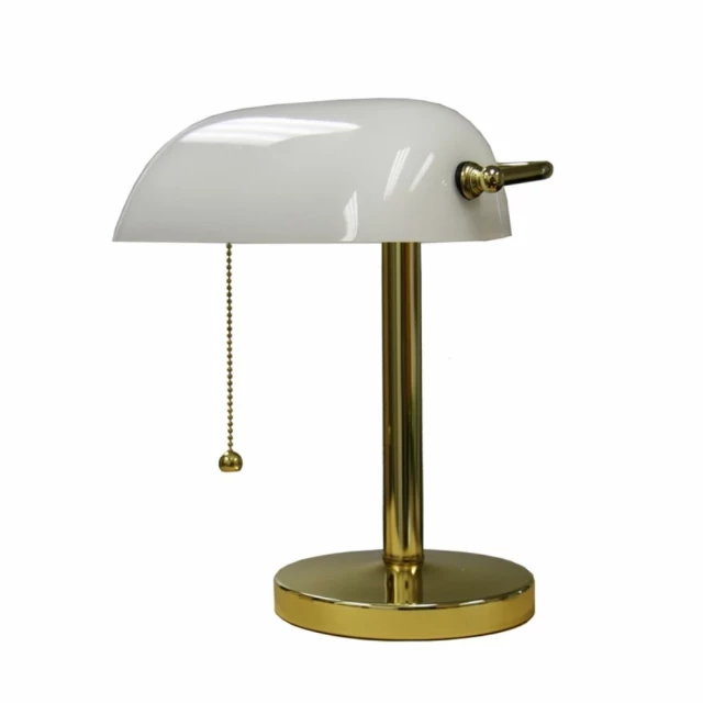 gold white hooded table lamp with metal and wood elements