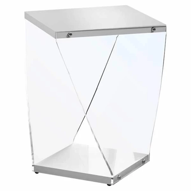 Clear white end table shelf with glass and metal details