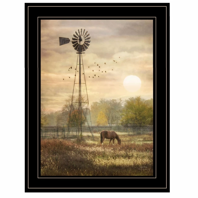 Sunrise black framed print wall art featuring clouds windmill sky and natural landscape