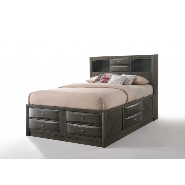 Solid wood queen-sized bed in brown and black for bedroom decor