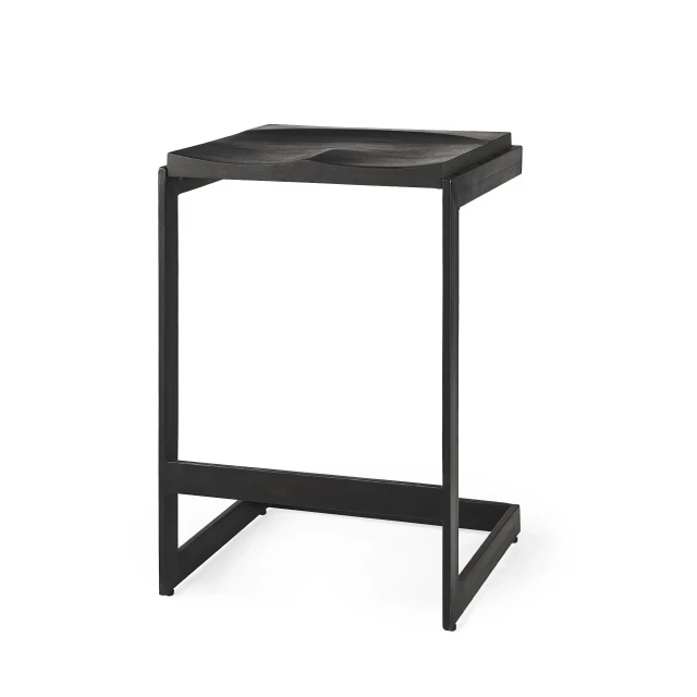 Counter height bar chair with wood metal design and art shelf detail