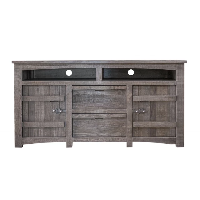 Distressed TV stand with enclosed cabinet storage and wood finish