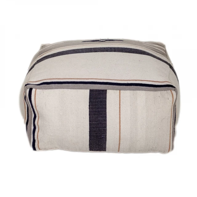Aztec gray navy beige pouf with patterned rectangle design and fashion accessory elements