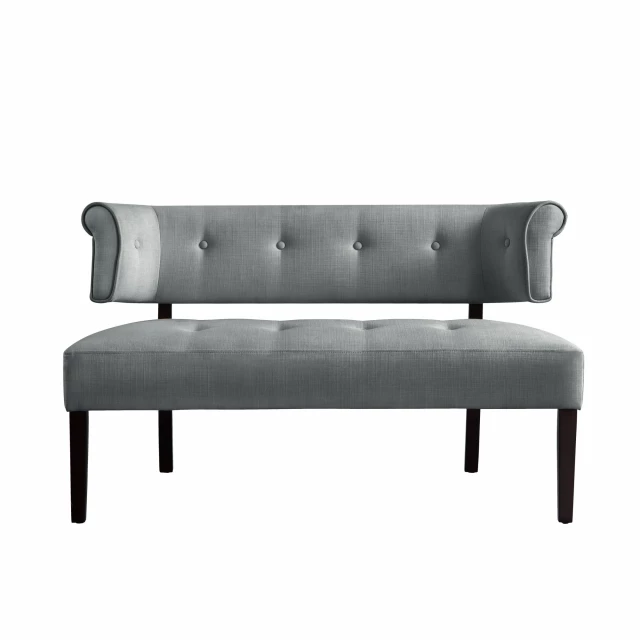 Light gray brown upholstered linen bench with wood armrests and comfortable seating