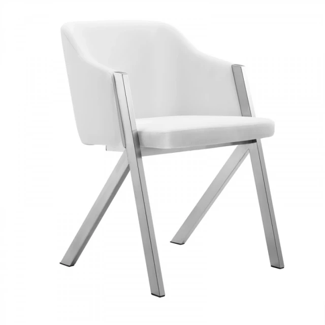 White faux leather modern dining chairs with wood table in outdoor setting
