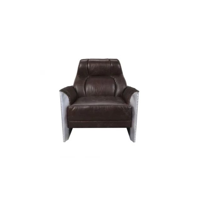 Grain leather steel patchwork club chair with brown hardwood armrests and comfortable rectangle design