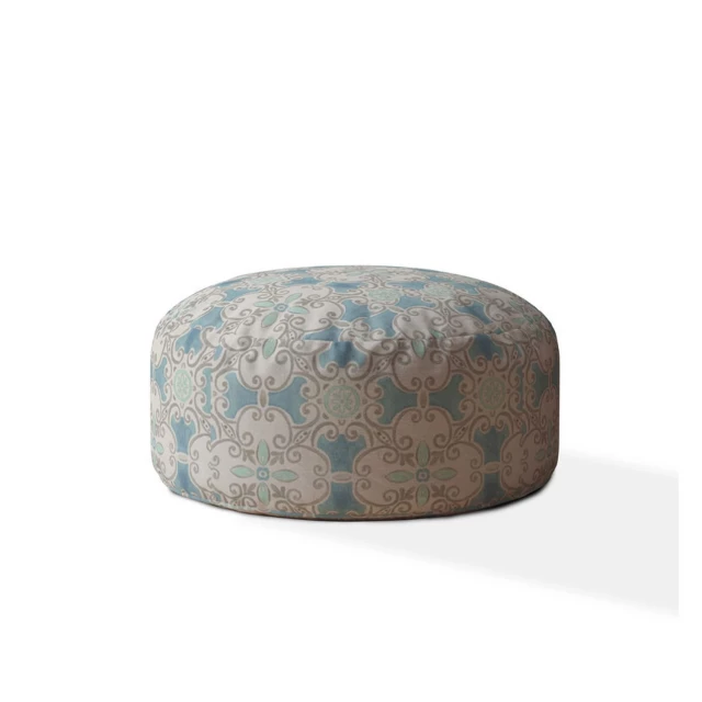Blue flax round ikat pouf cover with electric blue pattern and natural material design