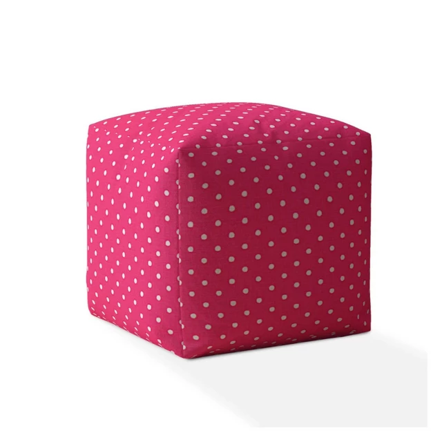 White cotton polka dots pouf cover with patterned design and magenta accents