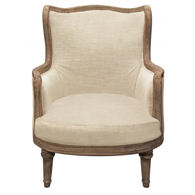 Ivory linen natural solid arm chair with wood armrests and comfortable rectangle club chair design