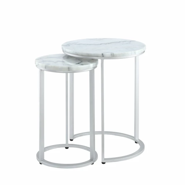 Silver white marble round nested tables with metal accents in furniture setting