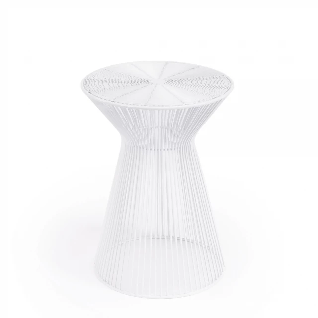 White cinched iron round end table in a modern design setting