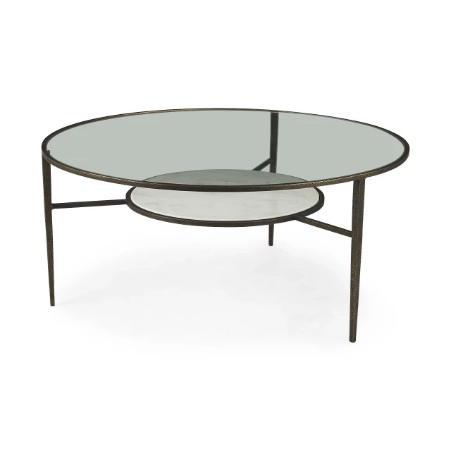 Round glass and metal coffee table with shelf for modern home furniture