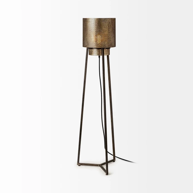 gold textured tripod floor lamp with metal and wood components