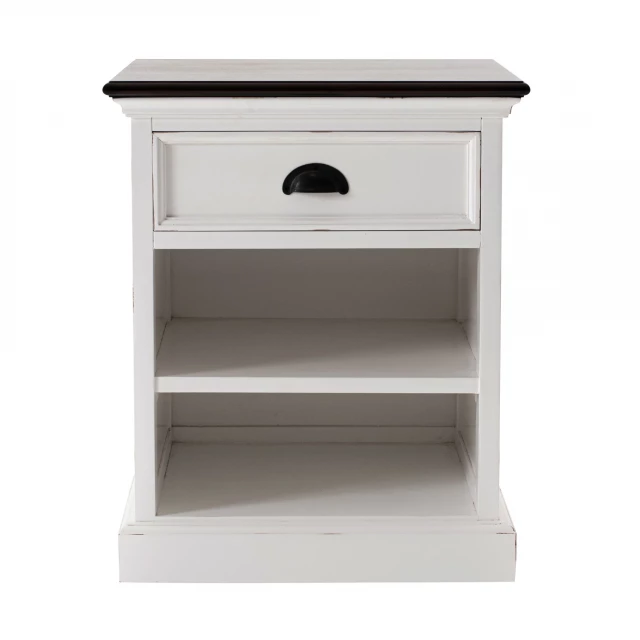 Distressed white and deep brown nightstand with shelves and hardwood drawers