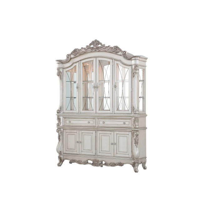 White wood glass mirror hutch buffet with symmetrical design and artistic metal details