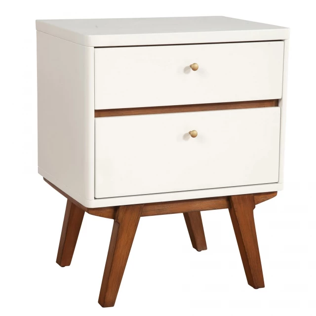 White brown retro nightstand with drawers in hardwood and wood stain finish