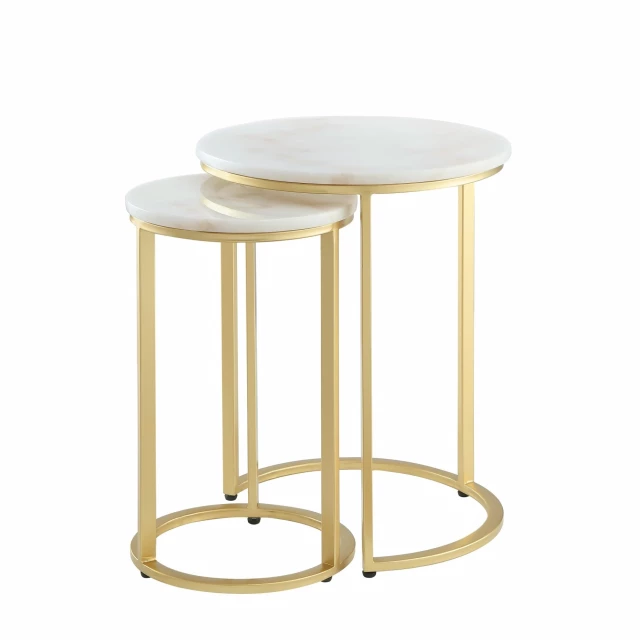 Gold white marble round nested tables in a set with metal accents suitable for outdoor and indoor decor