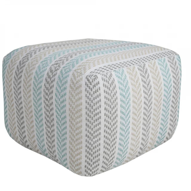 Blue cotton ottoman with wood legs and comfortable synthetic rubber tread design