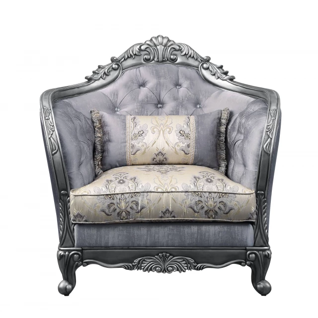 Platinum floral tufted armchair with comfortable pillows and hardwood frame
