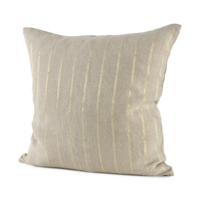 Beige gold striped pillow cover on chair with wood pattern design