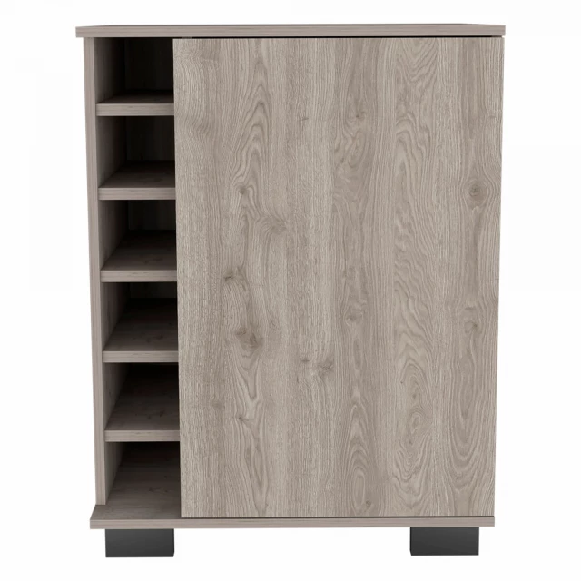 Light gray bar cabinet door panel in hardwood with shelving and wood stain finish