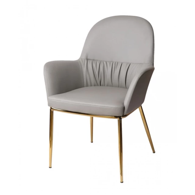 Gray faux leather chair with gold accents and hardwood armrests