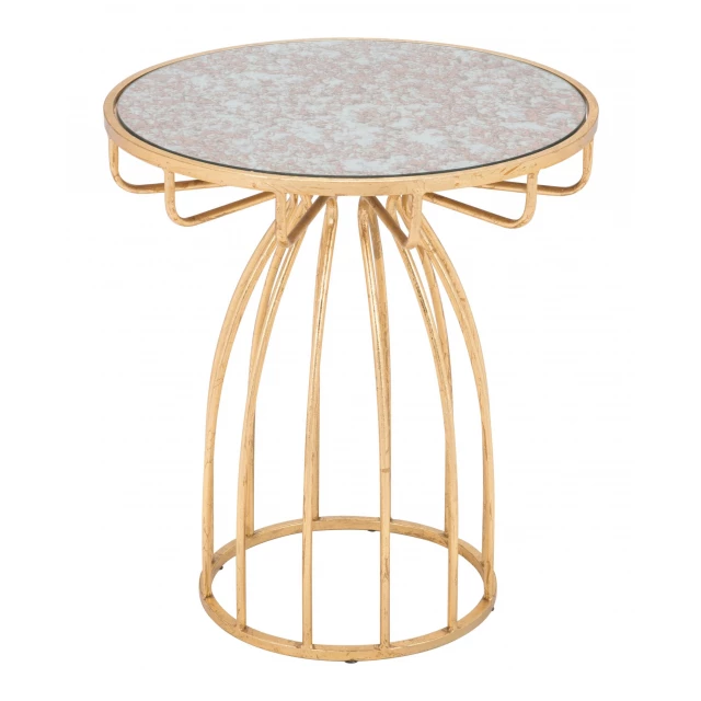Gold brown steel round end table with wood accents and metal base in furniture design