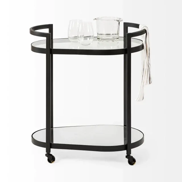 Cyclider Black Metal With Two Mirror Glass Shelves Bar Cart Cyclider Black Metal With Two Mirror Glass Shelves Bar Cart