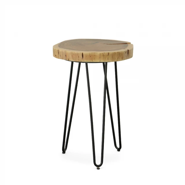 Round live edge wooden end table for outdoor and indoor decor