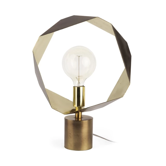 geometric halo table or desk lamp made of wood and metal with artistic design