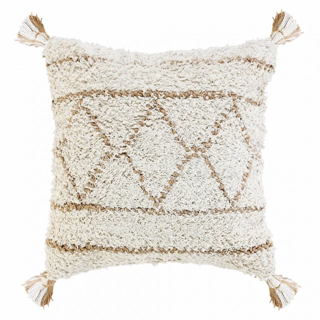 White and tan cotton geometric zippered pillow with creative arts design