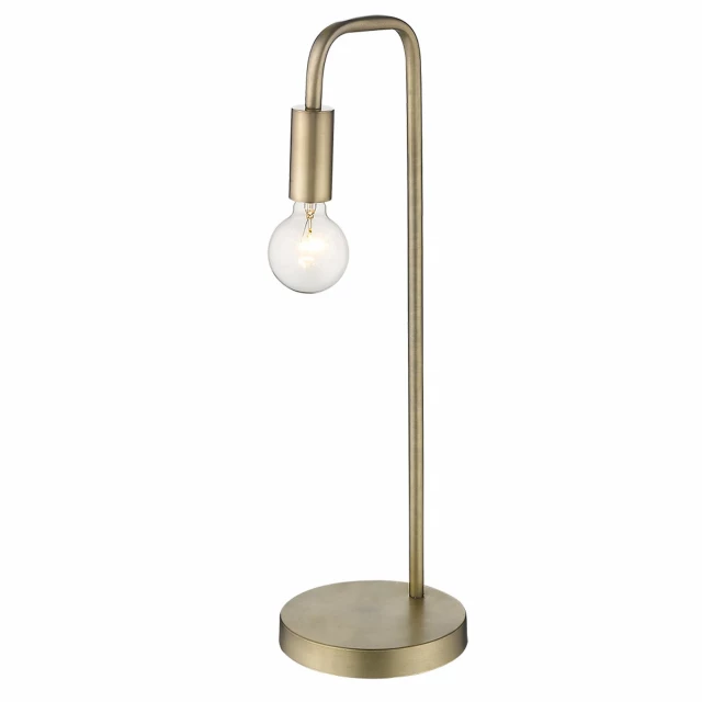 brass metal table lamp with circular design and titanium finish