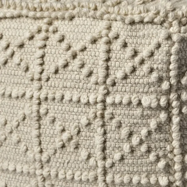 Ivory Wool Sqaure Pouf With Popcorn Detail Ivory Wool Sqaure Pouf With Popcorn Detail