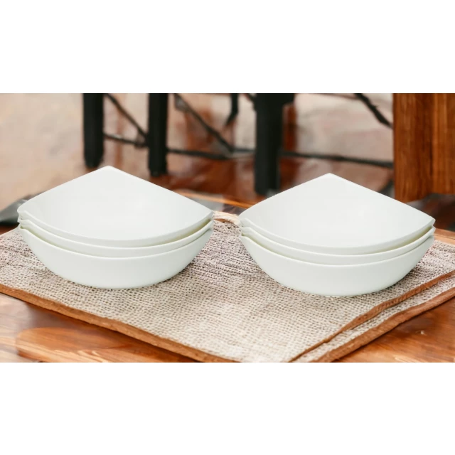 Triangle Bone China Service Six Bowl with Tableware Dishware and Porcelain on Wood Background